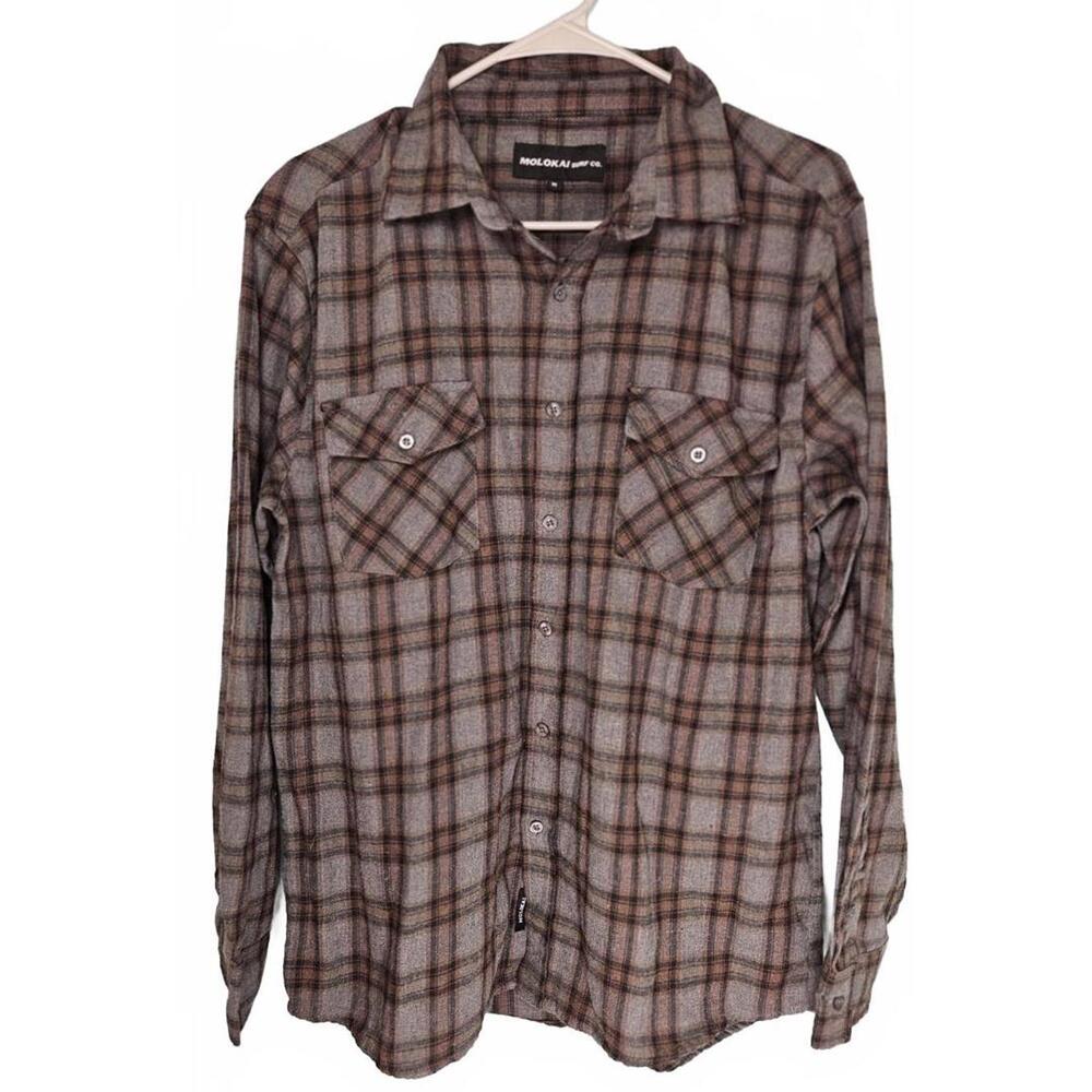 Molokai Surf Co. Men's Gray and Brown Plaid Flannel Long Sleeve Shirt Medium‎